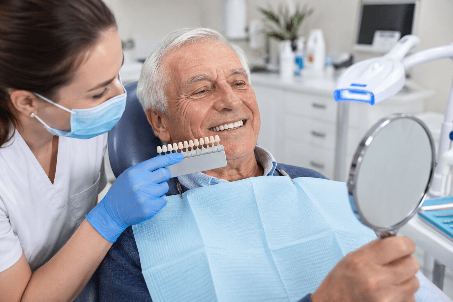 Older patient reviewing Teeth Whitening results and smile confidence in a clinical appointment